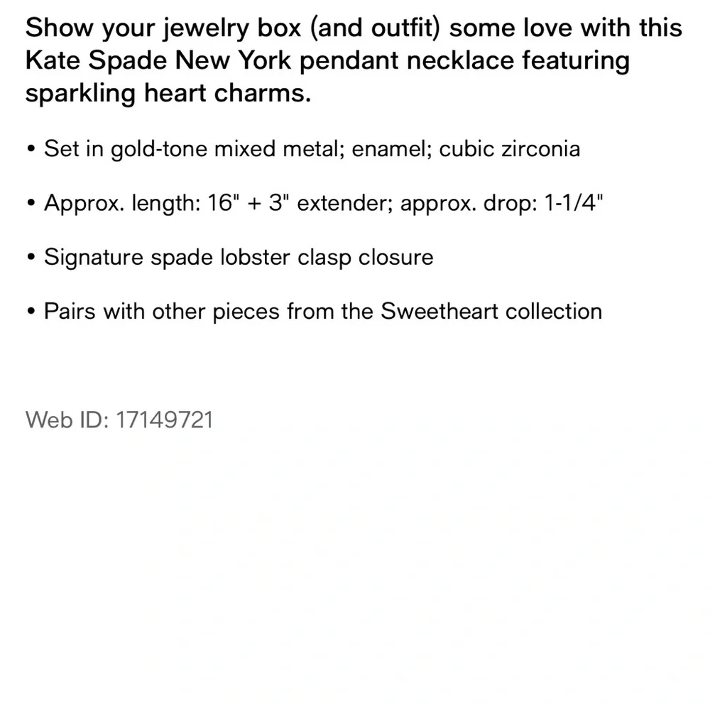 $128 Kate Spade Sweetheart Heart Charm Pendant Necklace